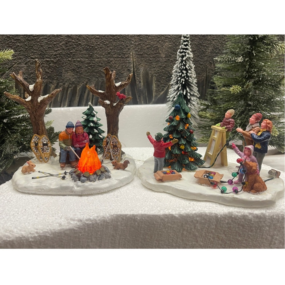 Lemax Village Lighted Accents Bundle STAYING WARM and LIGHTING THE TREE Unboxed